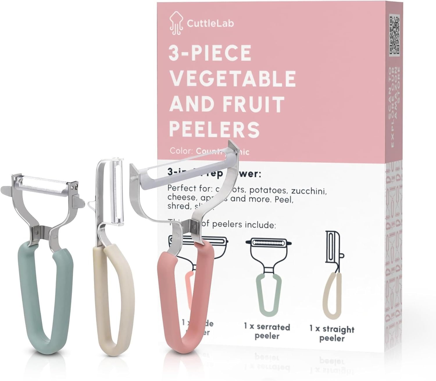 CuttleLab Vegetable Peeler Set – Serrated, Straight & Wide Blades- great apple peeler & potato peelers, Carrots, Zucchini, Cucumbers – Soft Grip Handle- Eye Remover – Dishwasher Safe (3, Country Chic)