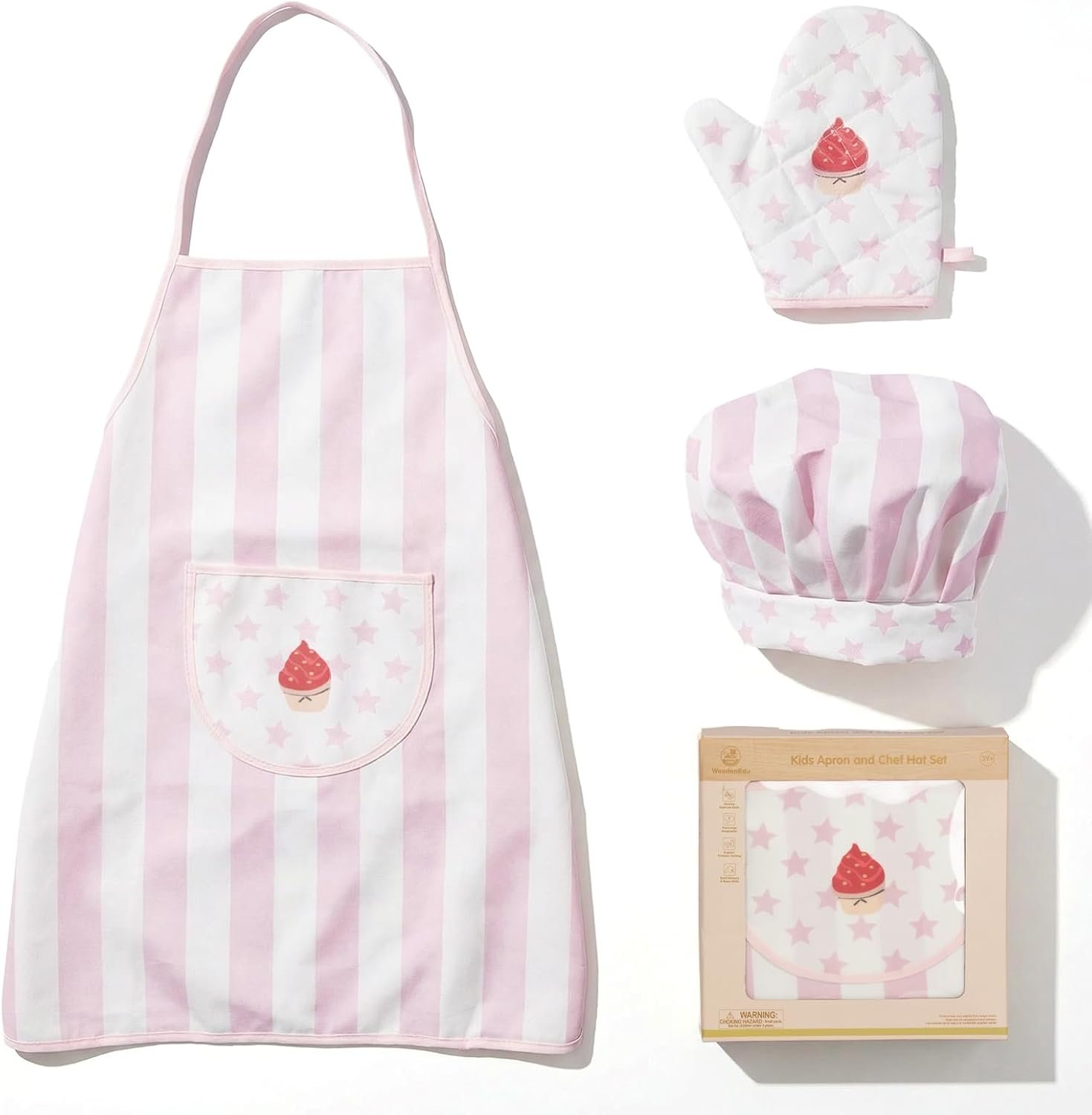 Kid Apron and Chef Hat Set, 3 Pcs Children Cooking Baking Set Kits Role Play Chef Toy Kid Cooking Gift for Girls Boys (Pink)