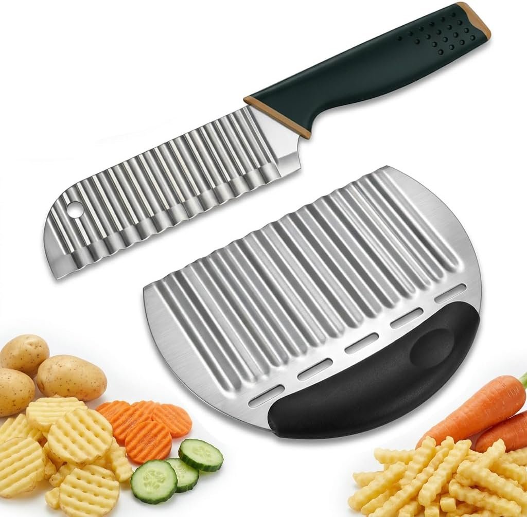2-Pack Crinkle Cut Knife, Crinkle Cutter Set, French Fry Cutter & Crinkle Cut Knife for Potatoes, Veggies and Fruits, Stainless Steel Wavy Slicer for Fries, Carrots, Cucumbers and Chips
