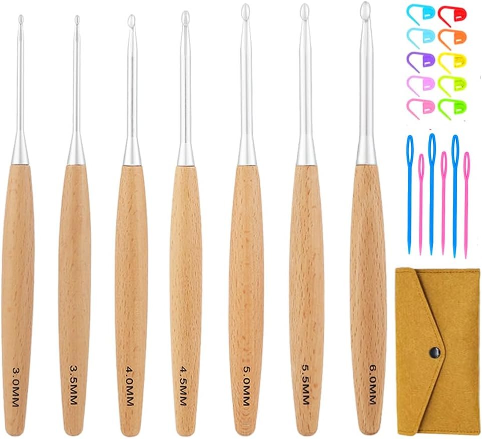 Yarniss Ergonomic Crochet Hooks Set 3.0mm-6.0mm, Aluminum Crochet Needles with Beech Wood Handle for Arthritic Hands