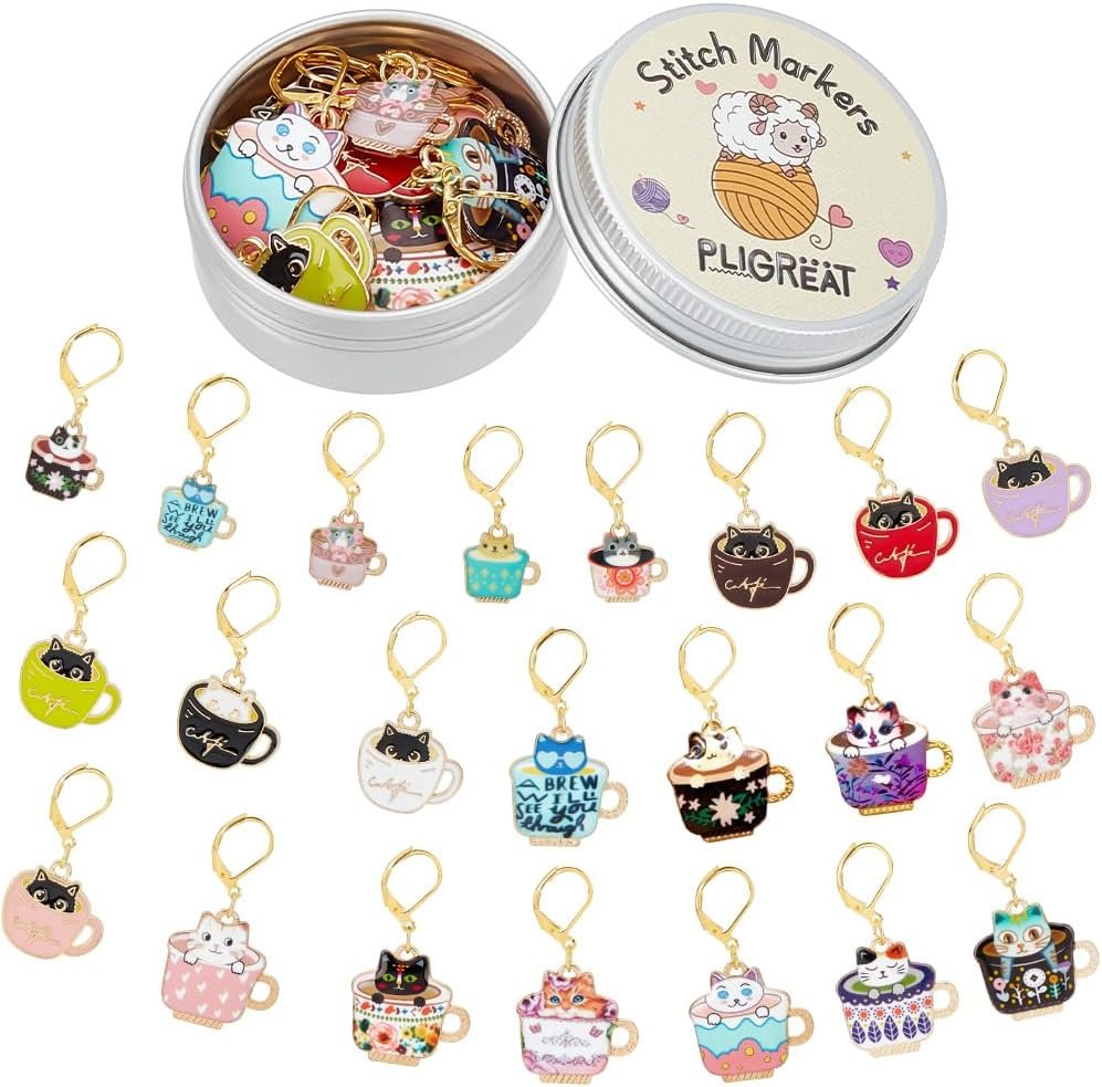 PLIGREAT 22 Pcs Enamel Coffee Cup Cat Stitch Marker Ornament Set Knitting Stitch Counter DIY Ornaments Crafts Making Accessories Gift for Mom Woman Tailor Shop Supplies