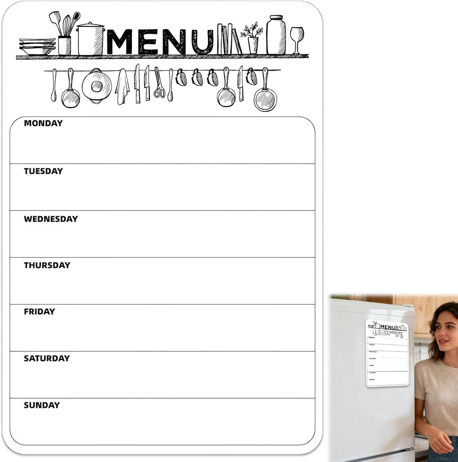 Magnetic Weekly Meal Planner for Refrigerator, 8×12” Dry Erase Menu Board, Stain Resistant Whiteboard, Strong Magnetic Backing, Ideal for Families, Students, Roommates, Notes, Grocery Lists (A)