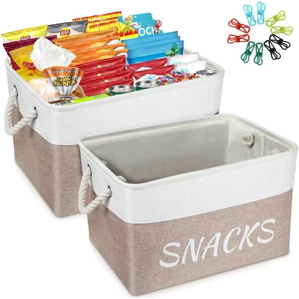 Snack Organizer for Pantry, Decorative Snack Basket with 10pcs Chip Clips, Snack Organizer for Desktop, Collapsible Snack Storage Basket Shelf, Office, Kitchen and More (Beige, Medium-2 Pack)