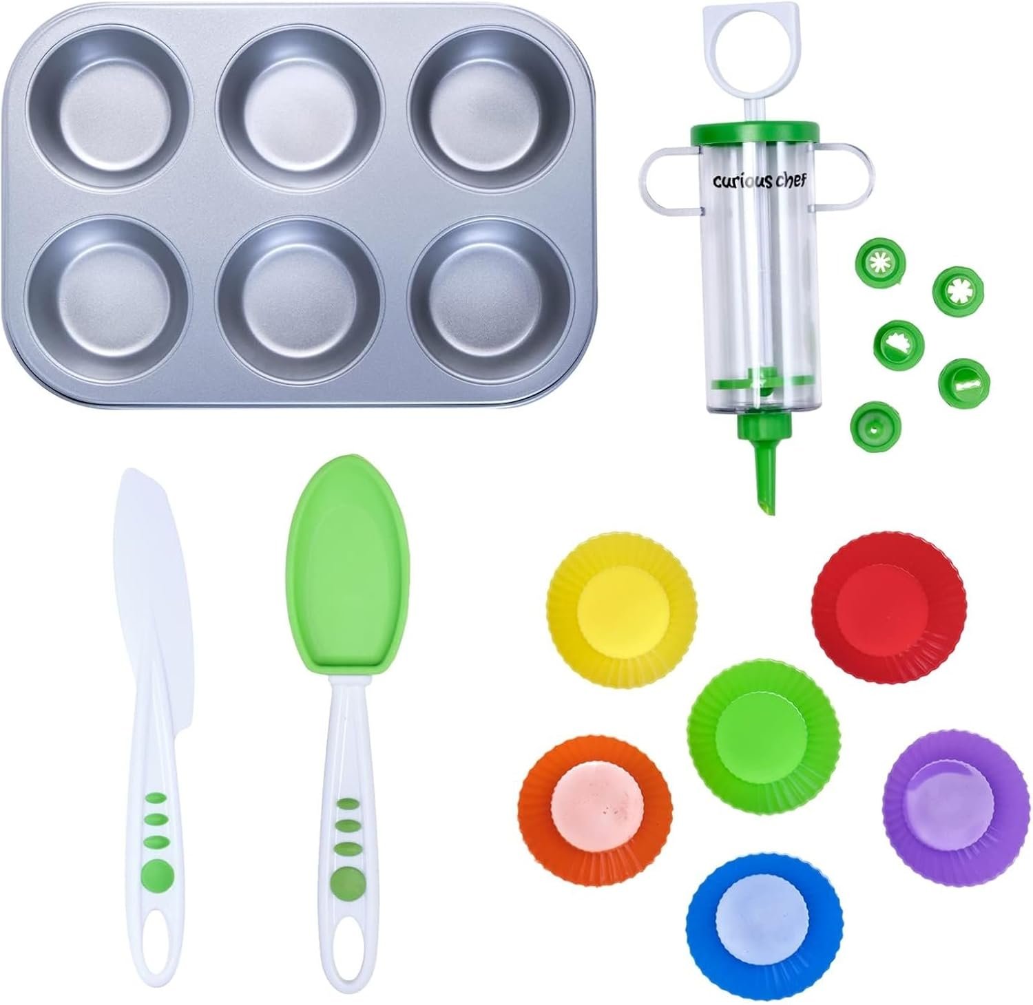 Curious Chef Kids Cookware – 16-Piece Cupcake & Decorating Kit I Real Utensils, Dishwasher Safe, BPA-Free I Non-stick Tin, Liners, Silicone Mixing Spoon, Frosting Spreader, Decorator Tube and More!