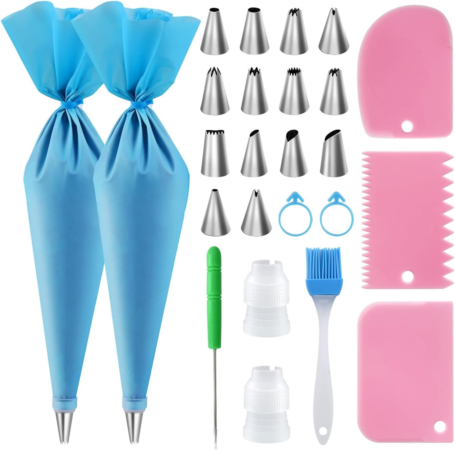 Piping Bags and Tips Set – Reusable Piping Bag, 16 Inch Silicone Pastry Bags with 14 Icing Tips, 3 Scrapers, 2 Couplers, 2 Bags Ties, 1 Pastry Brush, Cake Decorating Kit for Baking Cupcake and Cookies