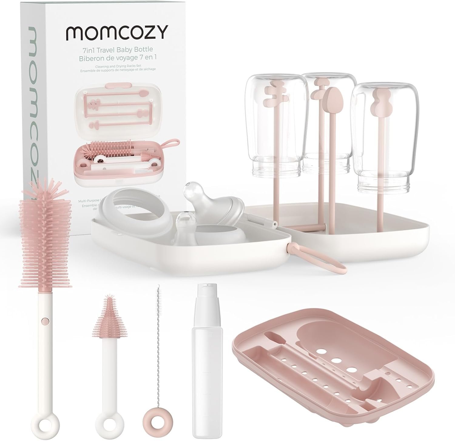Momcozy 7-in-1 Baby Bottle Cleaner Kit with Silicone, Nipple & Straw Brushes, Soap Dispenser and Drying Rack – Portable Cleaning Tool for Home and Travel, Pink