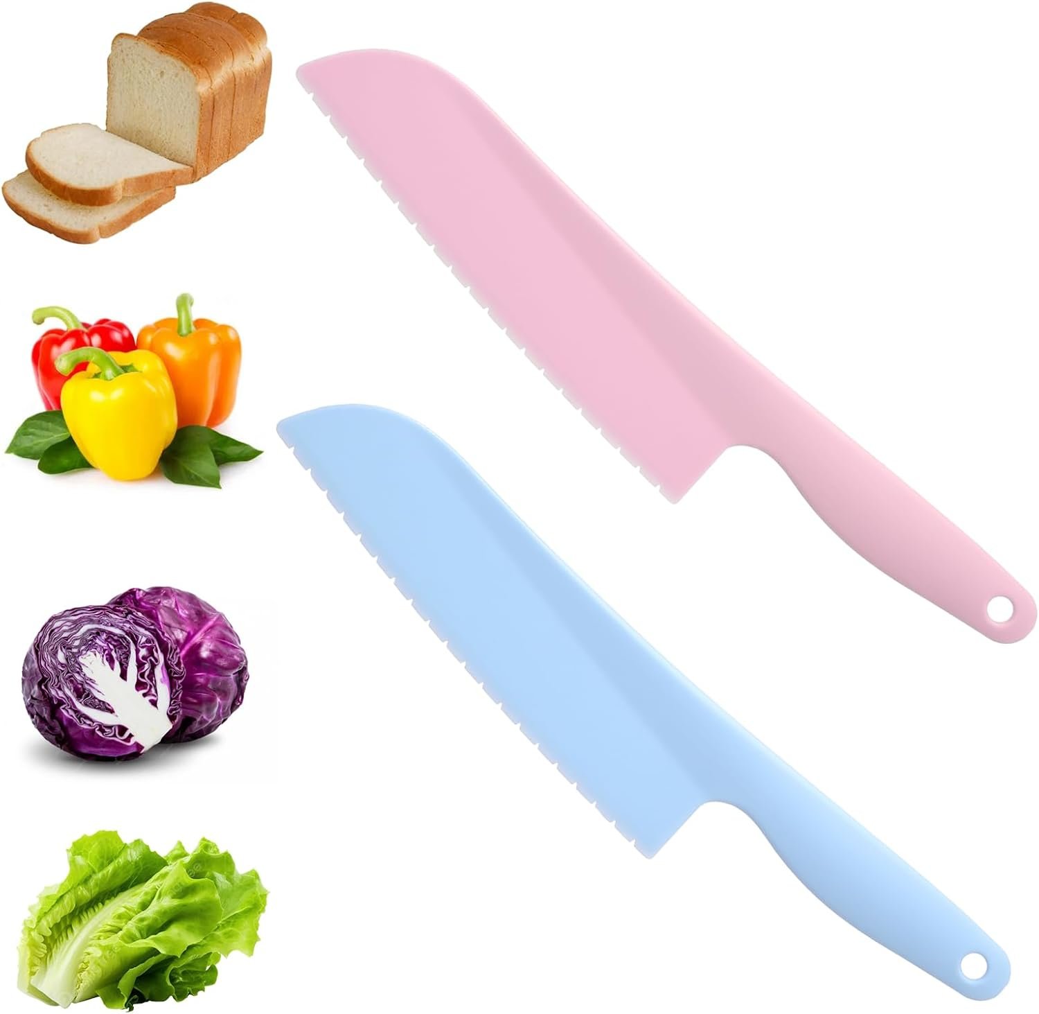 2Pcs Lettuce Knife 11 inch Professional Cooking Plastic Serrated Knife for Veggies Salad Fruit Cake Bread and More, Kitchen Plastic Lettuce Knifes to Prevent Browning (Pink, Blue)