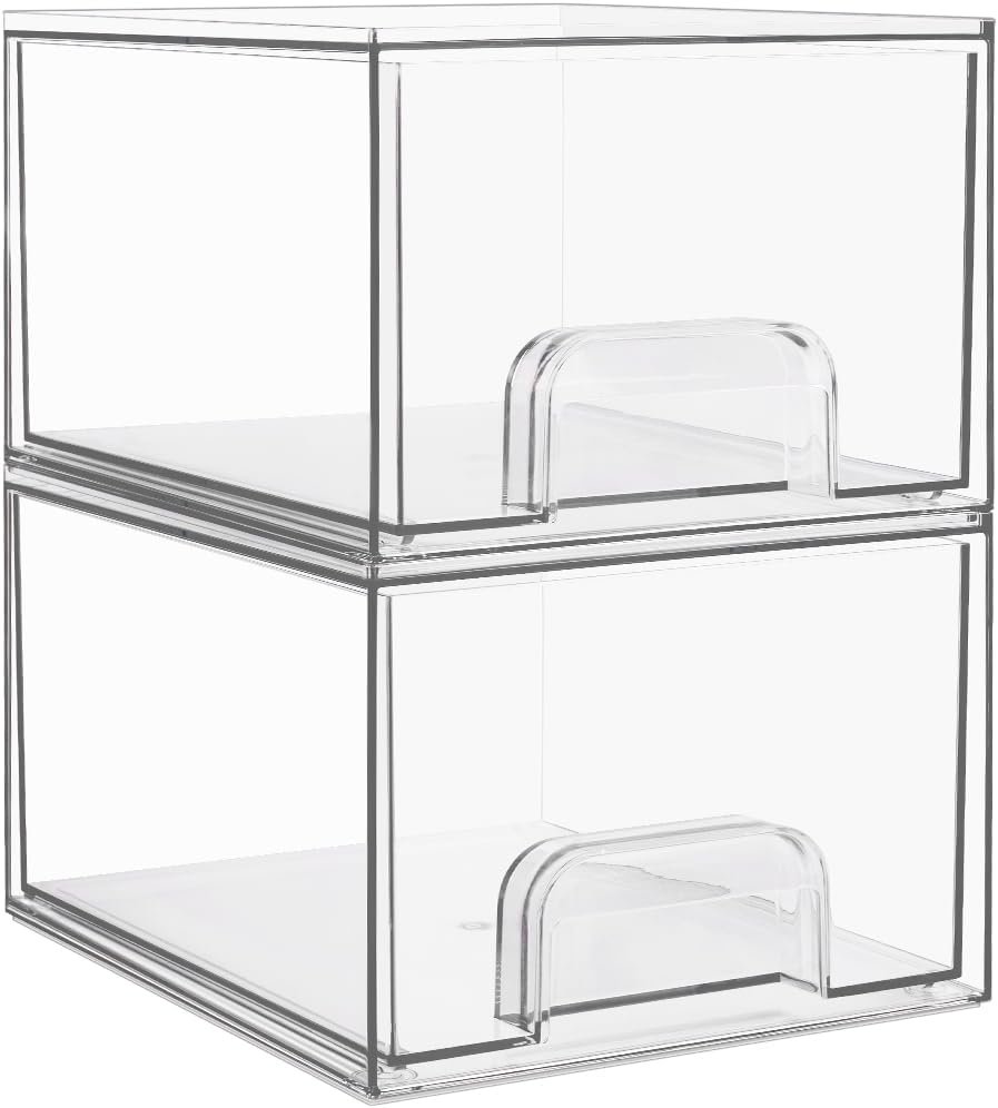 Vtopmart 2 Pack Small Clear Stackable Storage Drawers,Acrylic Bathroom Makeup Organizer,Plastic Storage Bins For Vanity, Undersink, Kitchen Cabinets, Pantry, Home Organization