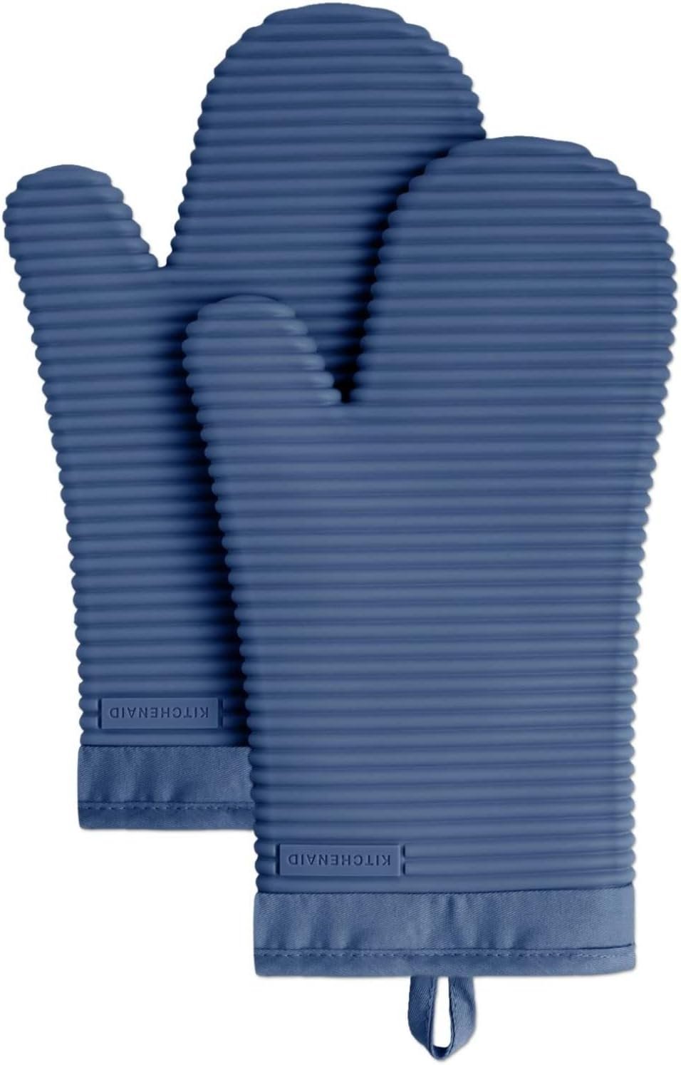 KITCHENAID Ribbed Soft Silicone Oven Mitt 2-Pack Set, 7.5″x13″, Blue Willow