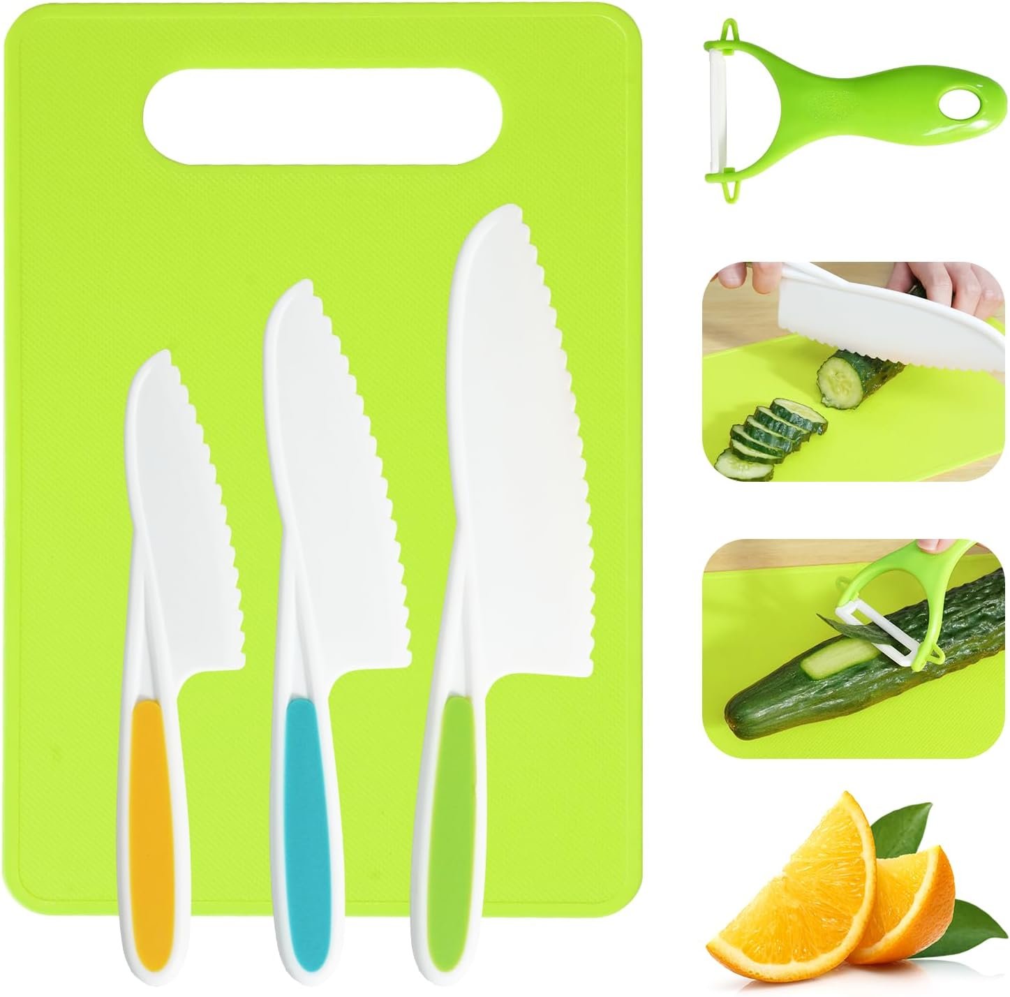 Kids Knife Set, 5 Pcs Montessori Kitchen Tools for Toddlers’ Real Cooking for 3+, BPA Free Kids Safe Kitchen Cooking and Baking Set with Peeler, Cutting Board for Sandwich Bread Vegetable Fruit Gift