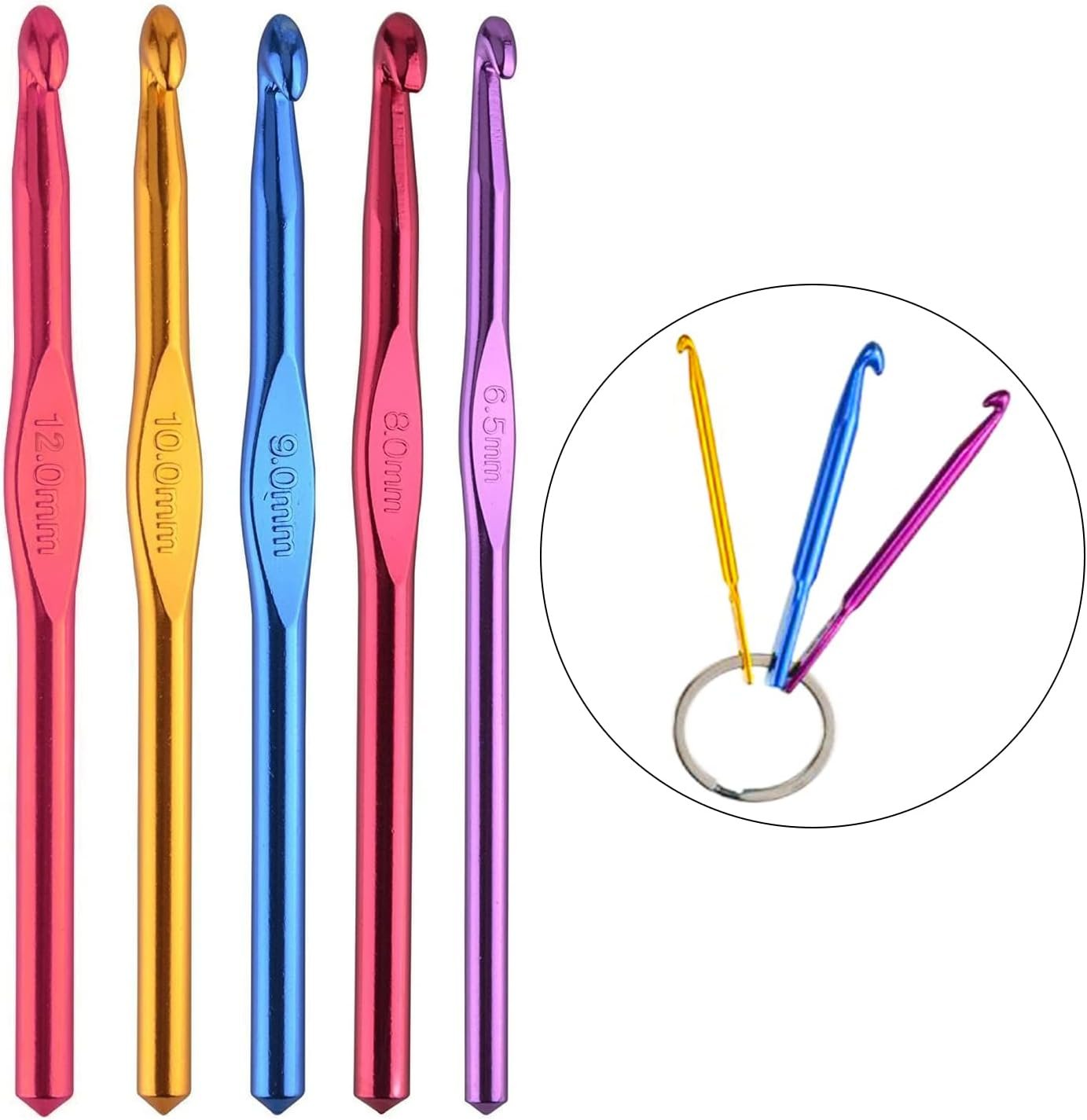 Large Size Aluminum Crochet Hook Set 6.5m(K)/8mm(L)/9mm(M)/10mm(N)/12mm(O) Knitting Needles Craft Weave Yarn Set – Mini Keychain Set Included