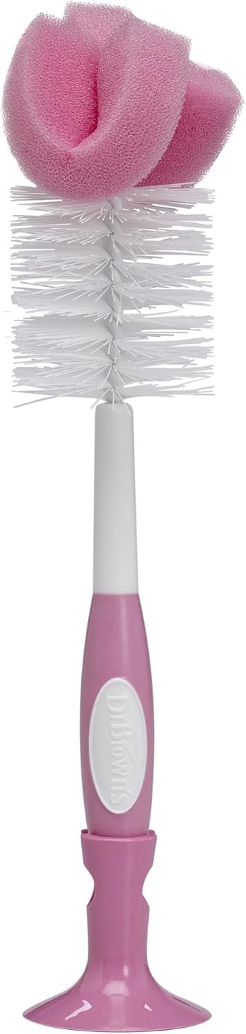 Dr. Brown’s Reusable Sponge Baby Bottle Cleaning Brush with Suction Cup Stand, Scrubber and Nipple Cleaner, Pink 1-Pack