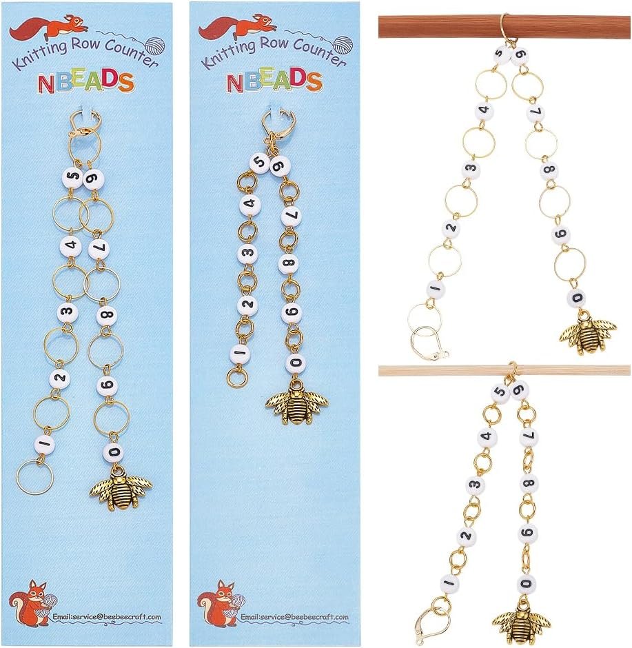 NBEADS 2 Pcs 2 Styles Bees Charm Knitting Row Counter Chains, 0~9 Number Stitch Markers Acrylic Beads Crochet Stitch Marker Charms for Knitting Weaving Sewing Quilting Handmade Jewelry