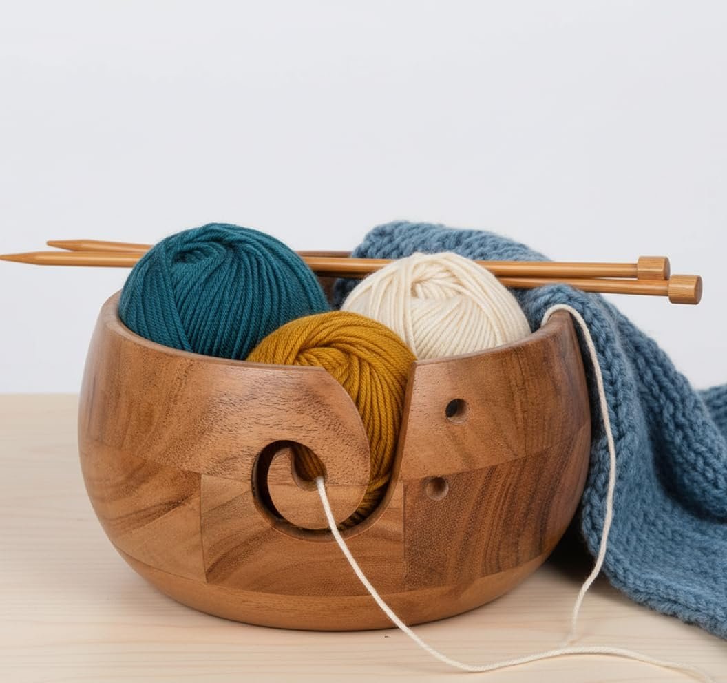Mother’s Day Gift Wooden Yarn Bowl – Wooden Yarn Bowls for Crocheting with Holes, Preventing Slipping and Tangles, Handmade Craft Knitting Bowl Easter Gift for Knitting Lovers