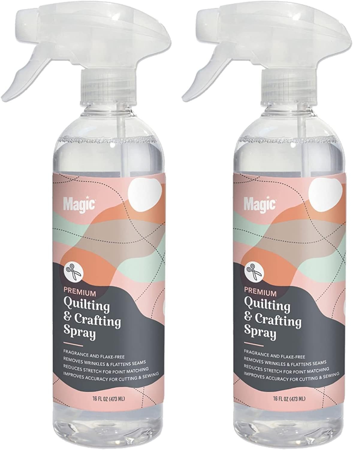 MAGIC Premium Quilting & Crafting Spray Bottle – Fabric Spray for Cutting, Creasing, & Sewing – Best Press Spray Starch for Quilting to Flatten Seams & Wrinkles – Wrinkle Spray (16oz Trigger) 2 Pack