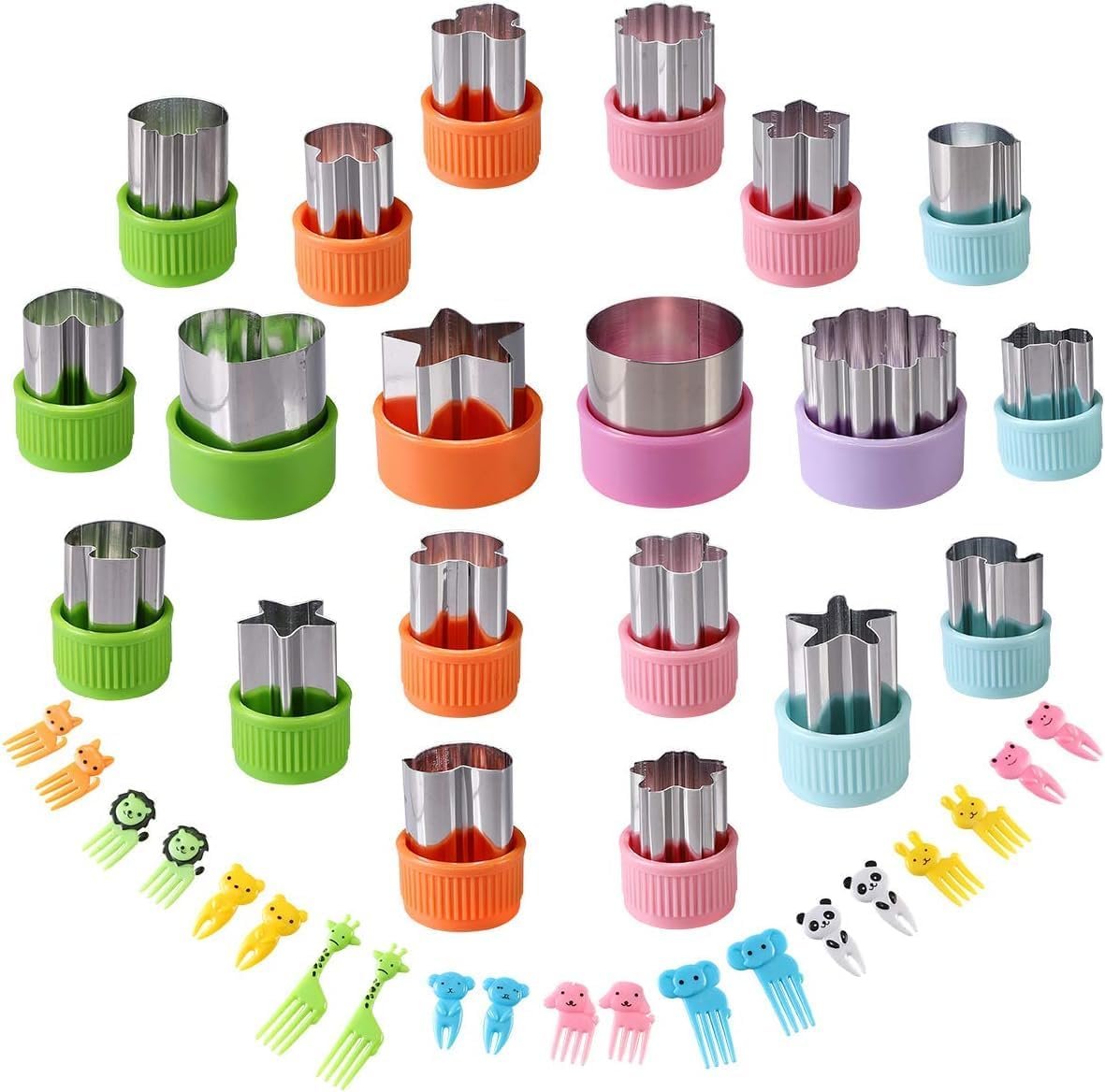 Vegetable Cutter Shapes Set for Kids – 20 Stainless Steel Mini Cookie & Fruit Cutters + 20 Cute Animal Food Picks & Forks – Bento Tools for Baking, Sandwich, Cheese, and Lunch Prep