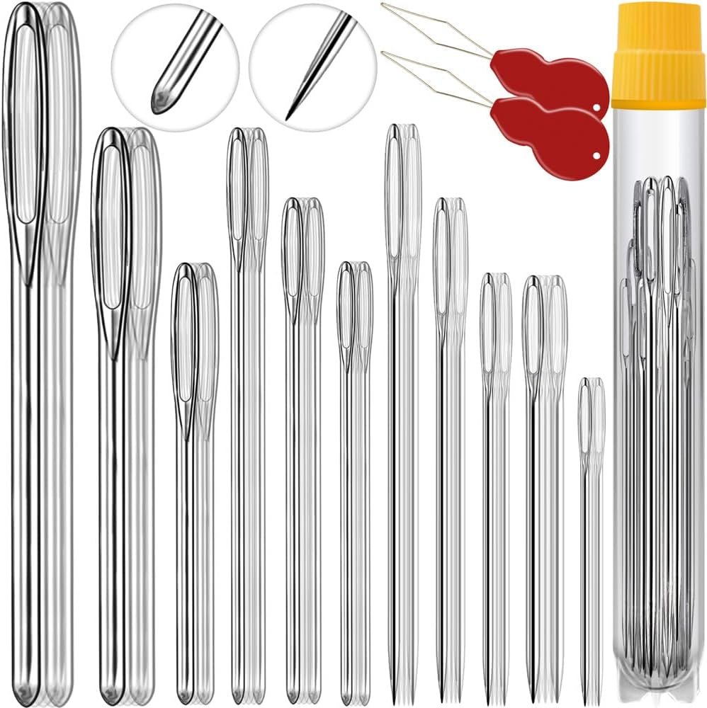 36PCS/12Sizes Large Eye Hand Sewing Needles, Sharp Needles and Blunt Needles, Knitting Needles, Yarn Needles, Embroidery Needles, Stainless Steel Hand Quilting Needles with Threaders