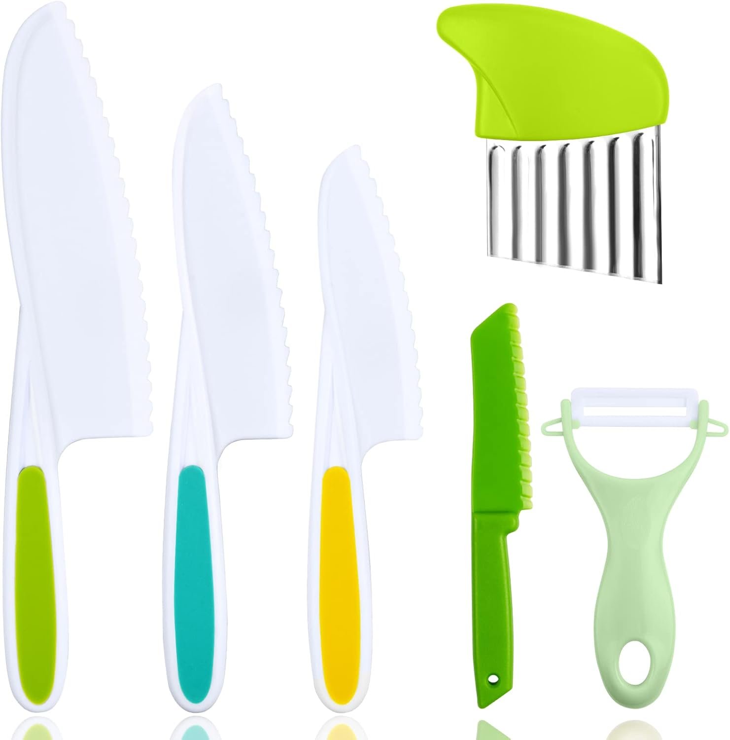HOTUT Montessori Kitchen Tools,6Pieces Knives for Kids Nylon Kids Safe Cooking Knives Serrated Edges,Y Peeler For Cooking and Cutting Fruit,Suitable for Children and Beginners