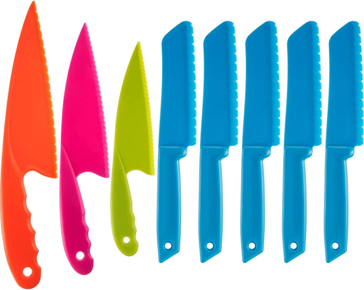 JOVITEC 8 Pcs Kid Cooking Kitchen Knife Set, Plastic Serrated Edges Children’s Safe Chef Nylon Knives for Cutting Fruit Bread Cake Salad Lettuce Kids Cooking Supply(Blue Square Knife)