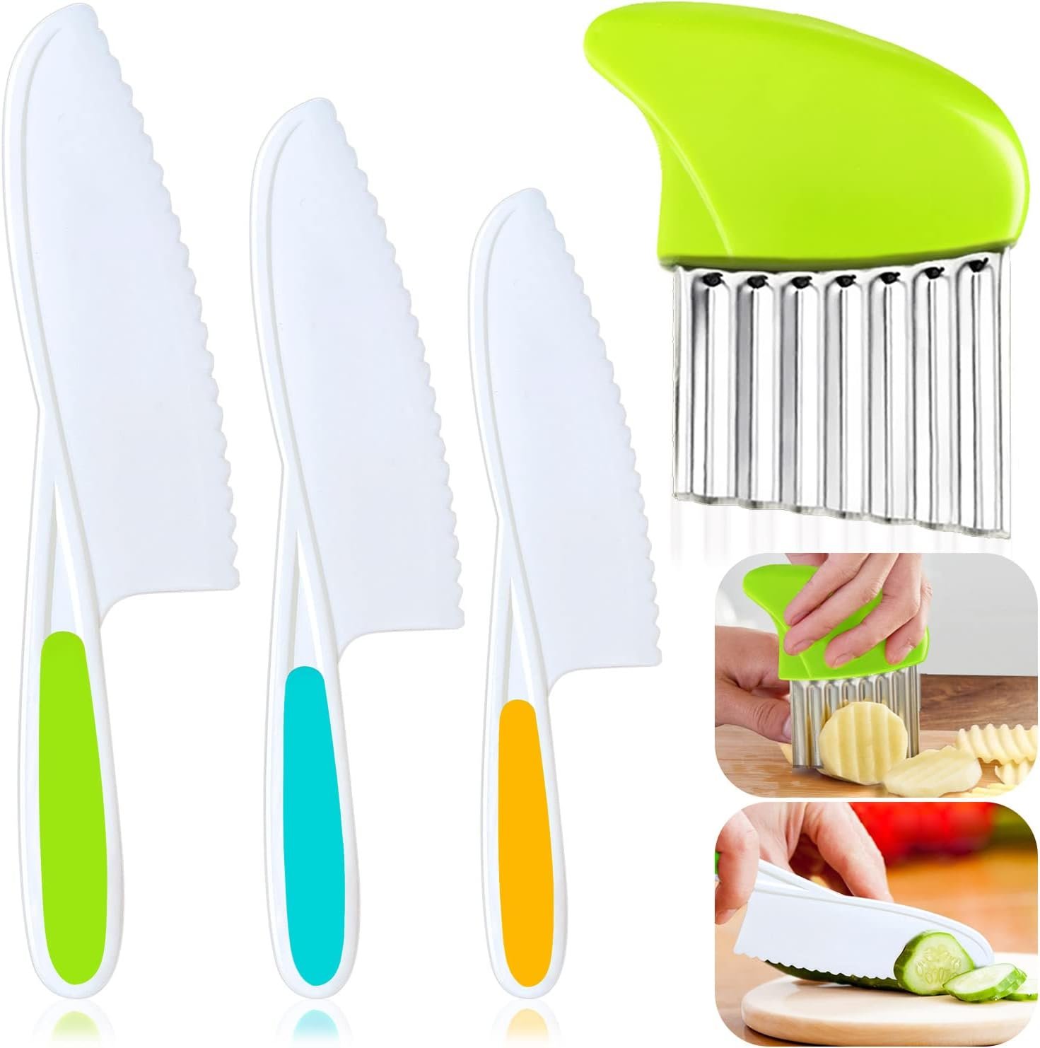 TAORISH 4 Pcs Kids Knife Set, Kids Kitchen Knife with Crinkle Cutter, Serrated Edges Plastic Toddler Chef Knife for Real Cooking & Cutting Fruit Bread