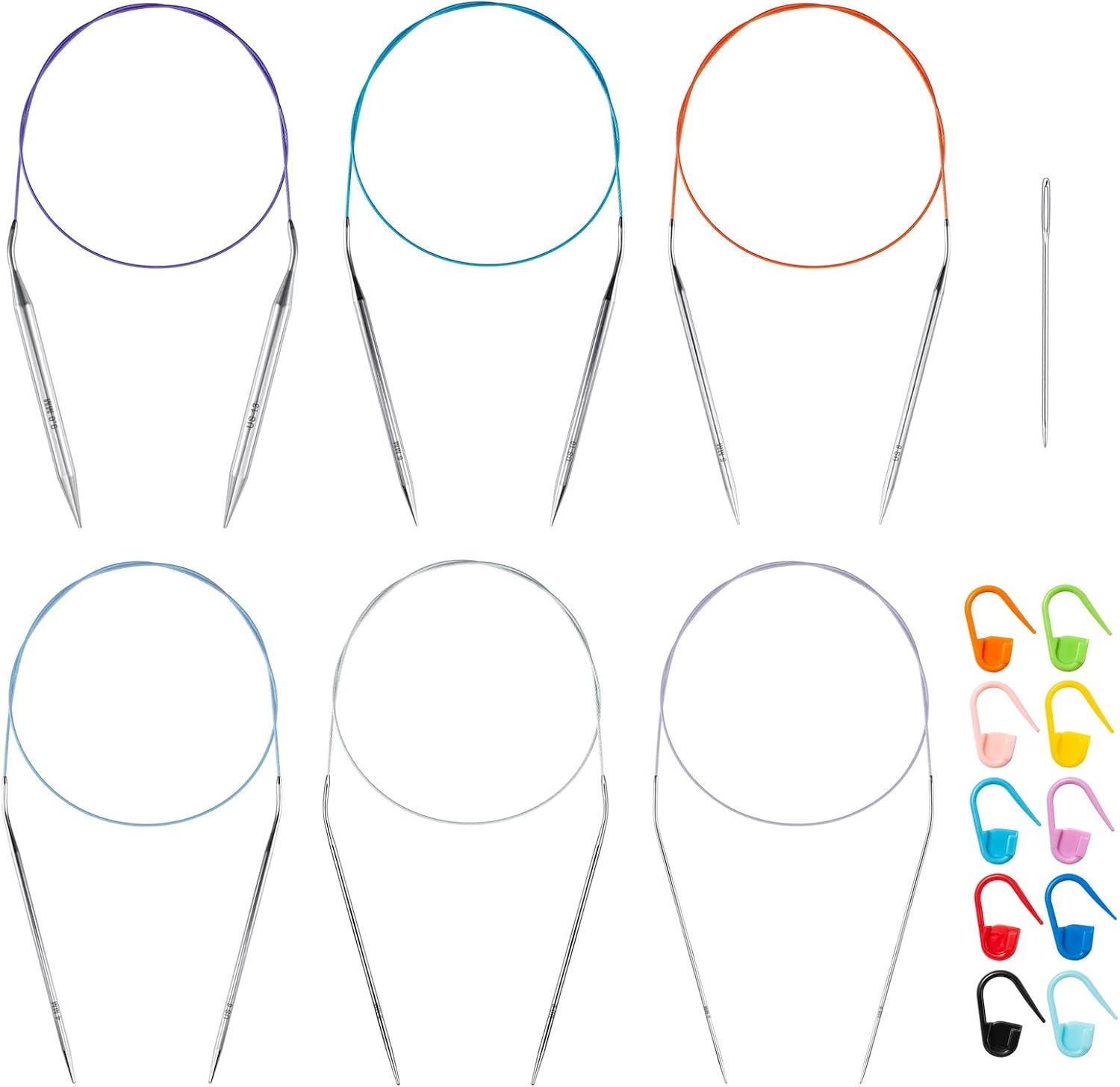 32 inch Stainless Steel Circular Knitting Needles Set for Beginners, 6 PCS US Size 0 2.5 6 8 10 13 Round Metal Knitting Needles with Magic Loop, Fixed Circle Needles for Sock, Blankets, Sweater, Scarf