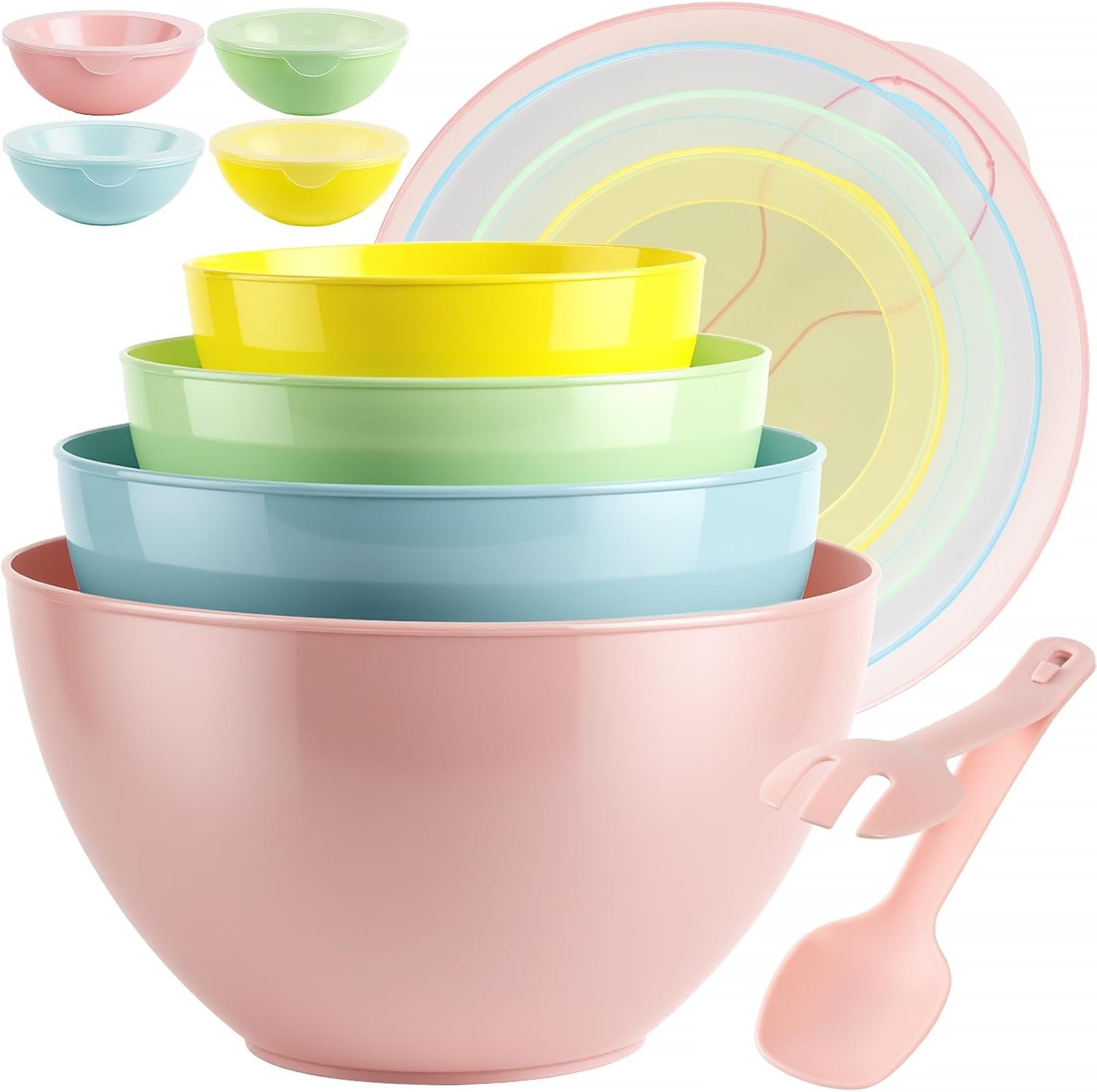 16 Piece Plastic Mixing Bowls with Lids Set – Nesting Bowls Set includes 8 Prep Bowls and 8 Lids, 2-in-1 Spoon-Fork, Large Salad Bowl for Preparing, Serving, and Storing, Dishwasher & Microwave Safe