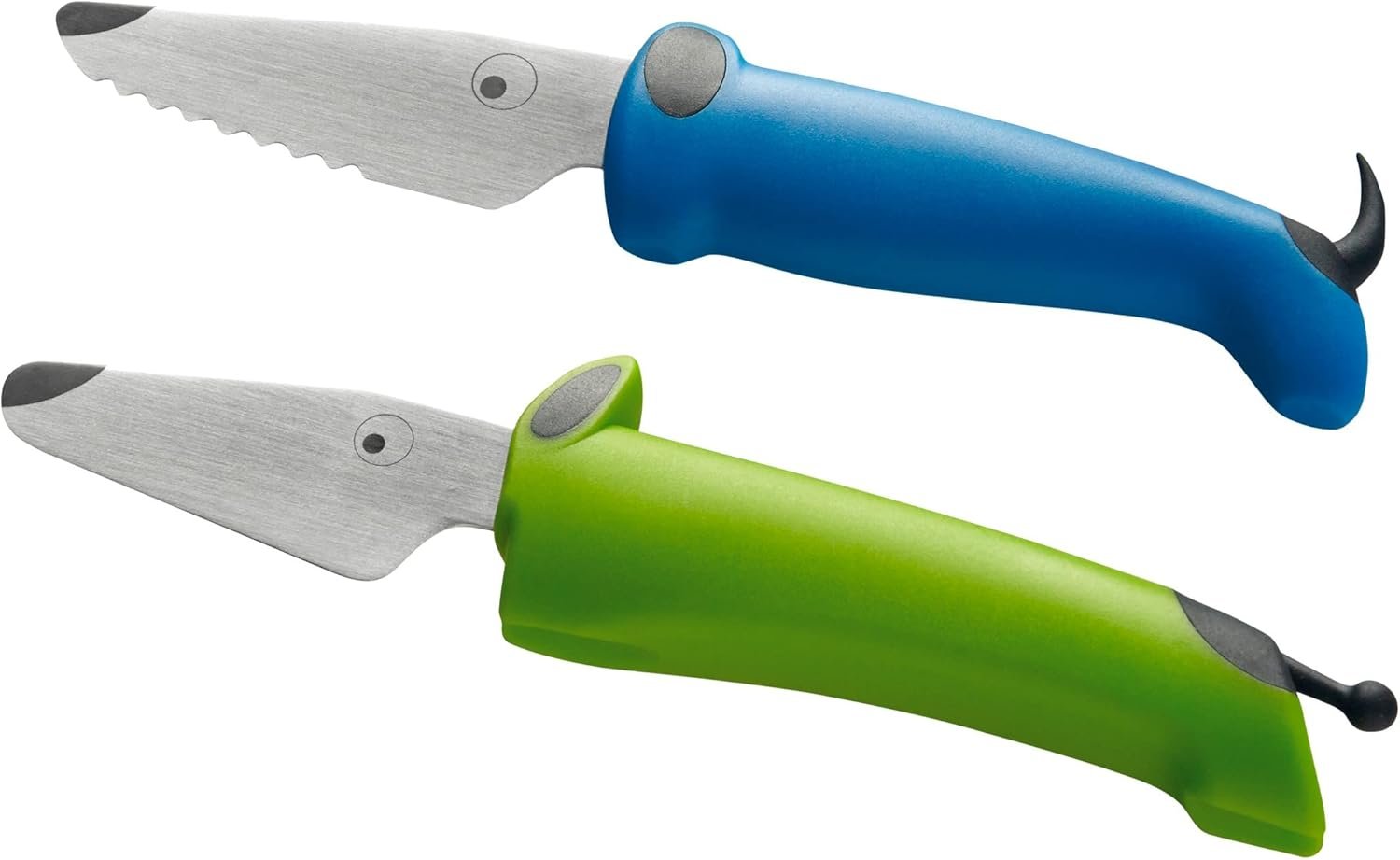 Kuhn Rikon Kinderkitchen® Kids Chef Knife Set 6″, 2 Pieces, Green/Blue | Straight Edge & Serrated Knife | Cutting Tool Made for Real Cooking | Child Friendly Dog Design With Hand Guard For Safety