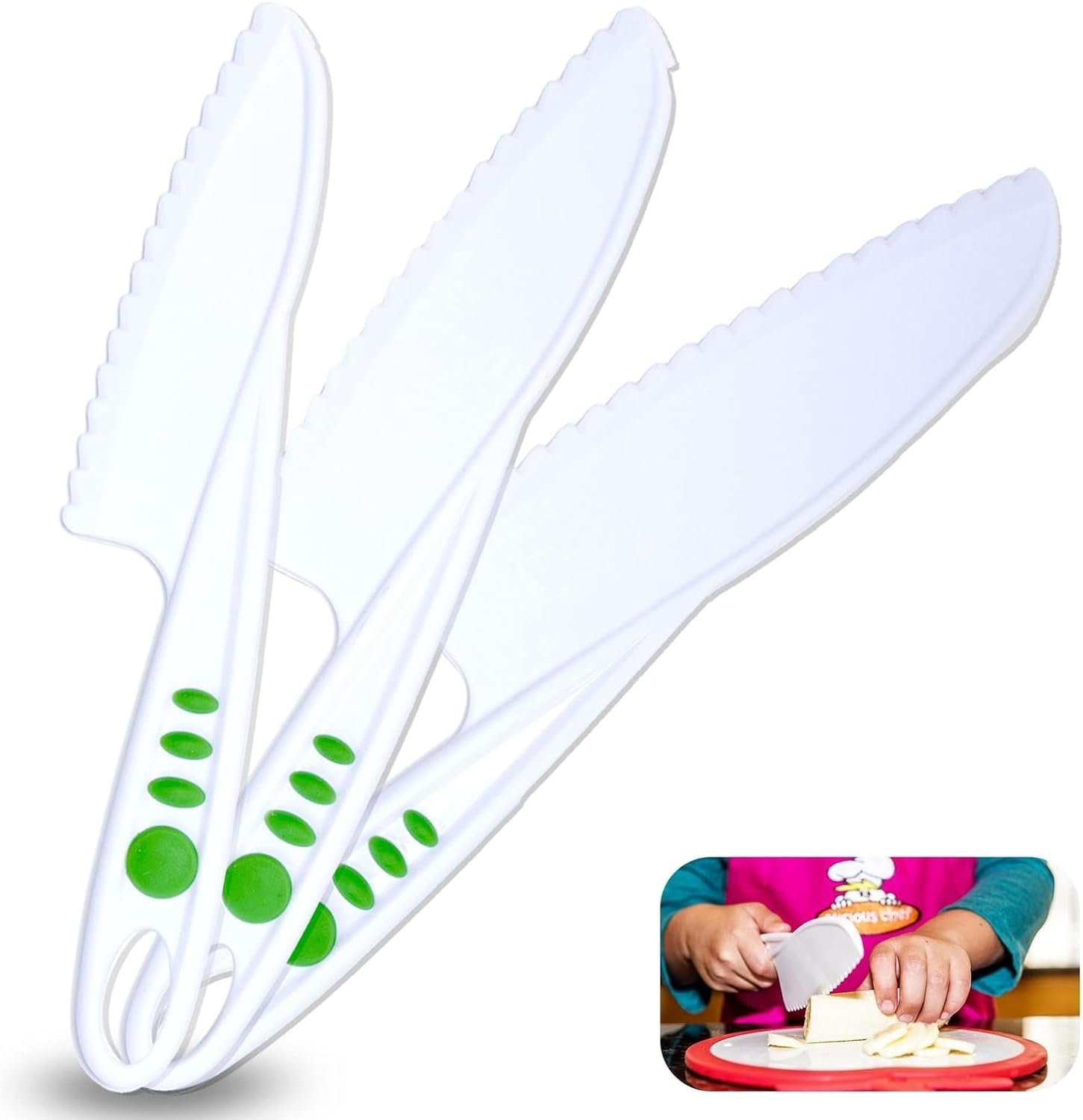 Curious Chef Kid Safe Kitchen Knife Set – 3-Piece Nylon Knives for Kids, White & Green, Ages 4+ – Non-Scratch Tools for Nonstick Pans & Kitchen Tool Set