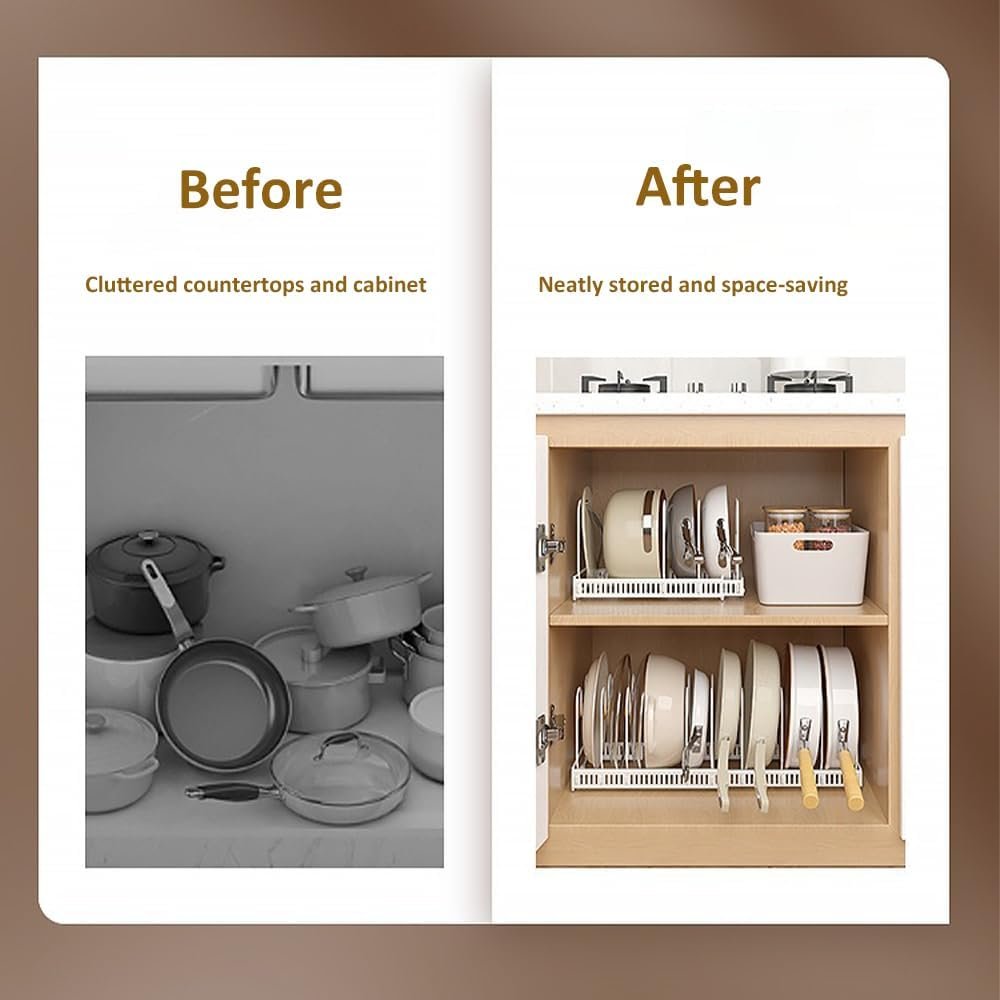 Expandable Pots and Pans Organizer Rack, Pot Lids Cutting Boards Kitchen Cabinet Organizer with 7 Adjustable Compartments, Cookware Bakeware Rack for Kitchen Cabinet Countertop Storage(White)