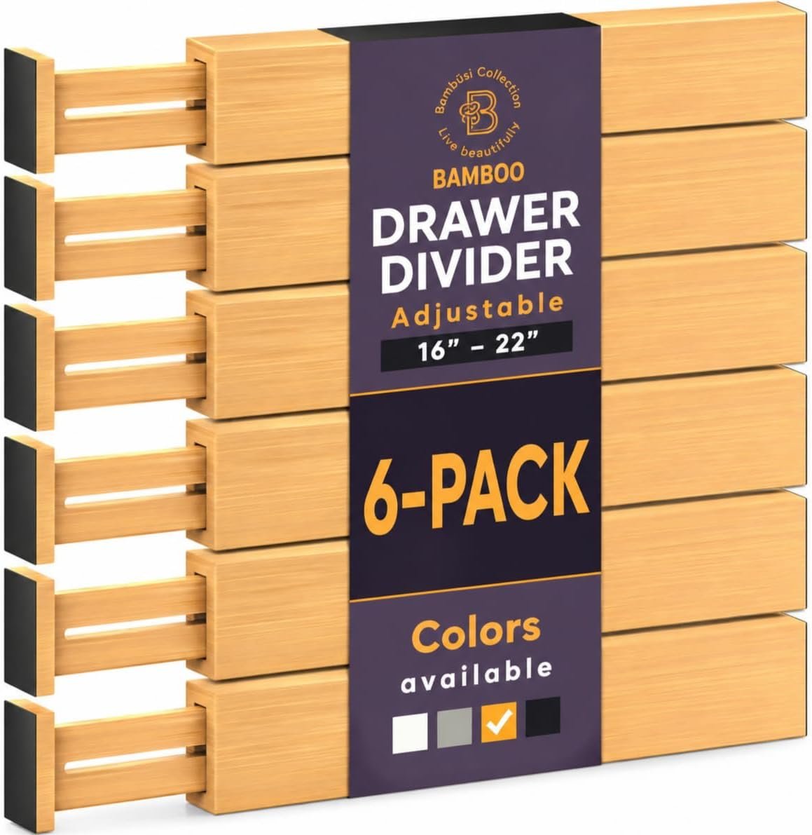 Bamboo Drawer Dividers 6 Pack – Adjustable 16-22 Inch Spring Loaded Deep Drawer Organizer Separators, 2.6 Inch High Non Slip Bamboo Dividers for Kitchen, Dresser, Clothes, Utensils, Bathroom, Office
