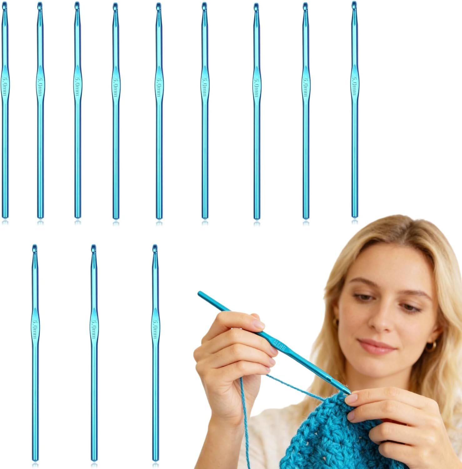 12PCS 5mm Aluminum Crochet Hooks, Size H/8 Aluminum Crochet Hook Metal Handle Knitting Needles Set for DIY Yarn Crafts, Beginners Adults