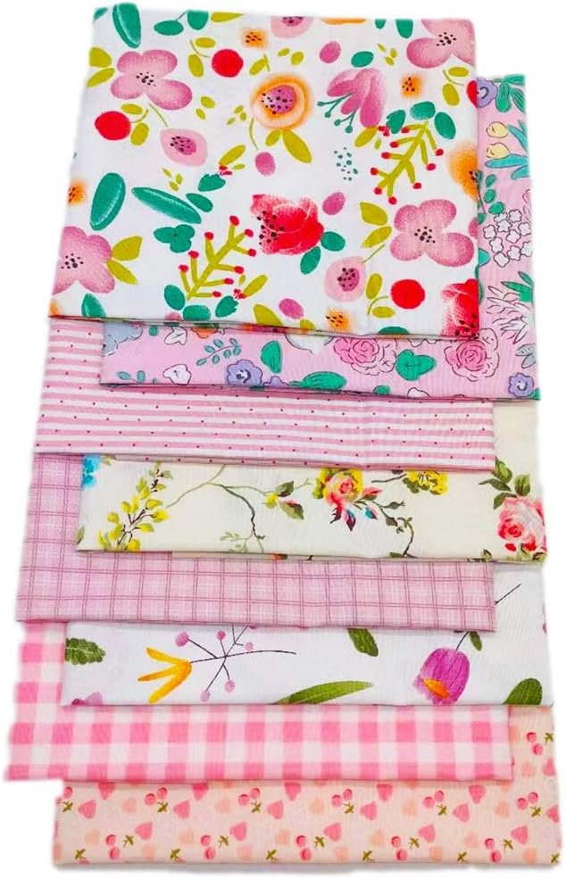 Fat Quarters Fabric Bundles, 8Pcs 100% Cotton 19.69” x 19.69” (50cmx50cm) Precut Quilting Fabric Squares Sheets for DIY Patchwork Sewing Quilting Crafting, No Repeat Design (Pink Flower)