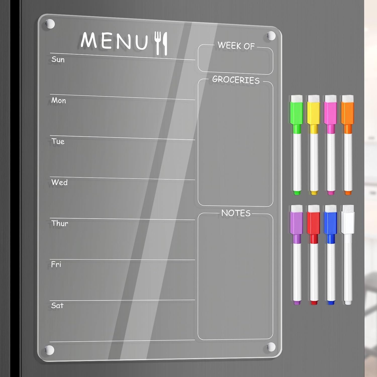 Acrylic Menu Board for Kitchen Weekly Meal Planner Magnetic Planning Board w/ 8 Markers, Clear Weekly Calendar for Fridge Refrigerator Dry Erase Board Noteboard to Do Grocery Shopping List, 12×9’’