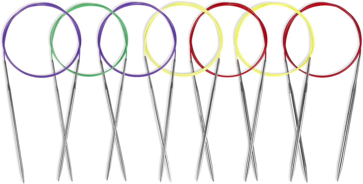 Reessy Circular Knitting Needles Set – 7 Sizes (2.75–5.0mm), 40″ Fixed Cables – Stainless Steel Knitting Needles for Beginners & Pros, Color-Coded Knitting Tools for Yarn Projects