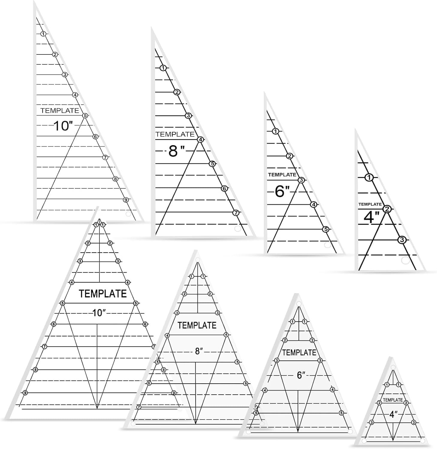 TSV Triangle Quilting Ruler Set: 8 Pack Thick Acrylic Triangle Templates in 4″/6″/8″/10″ Size – Accurate Fabric Cutting for Quilter with Triangle Hexagon Diamond Kaleidoscope Geometric Patterns