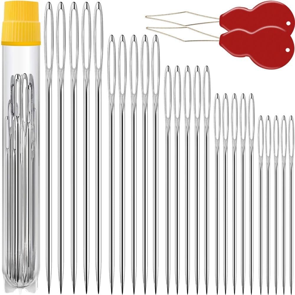 Premium Large Eye, Large Gauge Needles for Hand Sewing – Assorted Sizes, Including Embroidery – 25/50 PCs with 2 Threaders