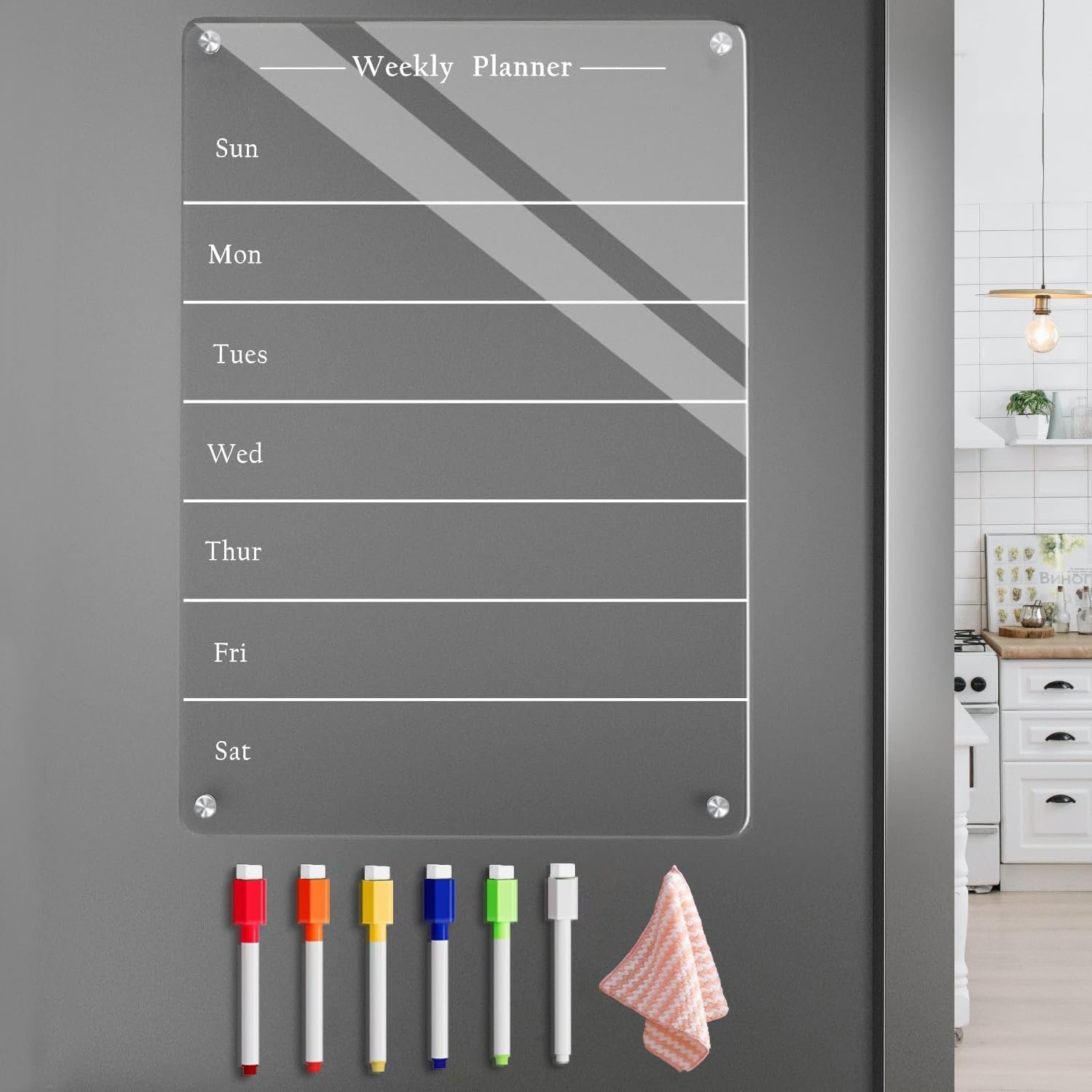 9″x13″ Clear Weekly Meal Planner Magnetic Acrylic Board,Acrylic Magnetic Dry Erase Board for Fridge, Magnet Week Calendar for Refrigerator Includes 6 Colors Markers