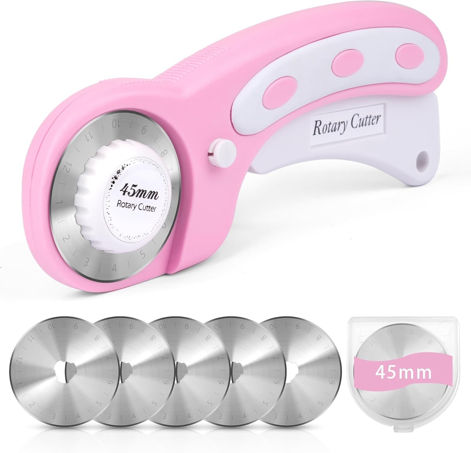 45mm Rotary Cutter for Fabric with 5 Extra Blades, Ergonomic Roller Fabric Cutter Cuts Through Multiple Layers, Safety Lock for Left and Right Handed, Professional Sewing & Quilting Tools (Pink)
