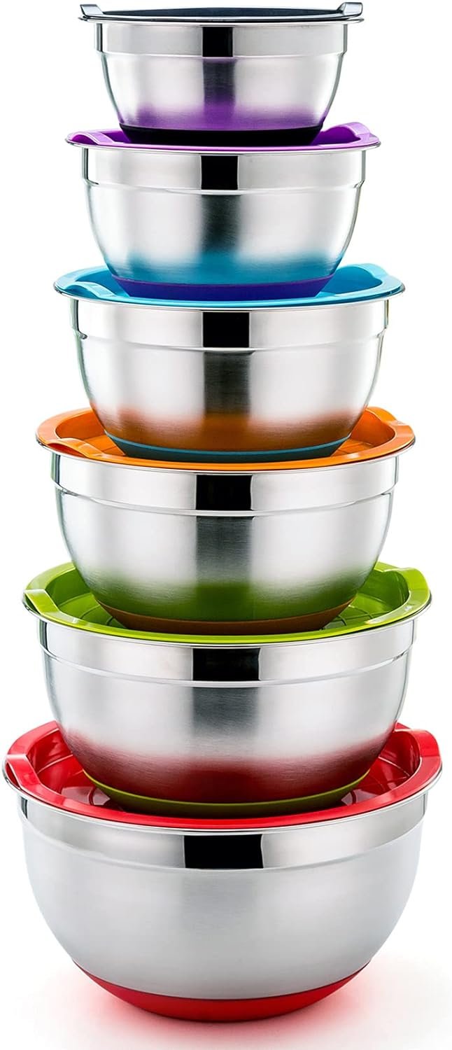 P&P CHEF Mixing Bowls With Lids, Set of 6, Stainless Steel Nesting Mixing Bowls & Fitting Lids & Non-Slip Silicone Bottom, Ideal for Mixing, Storing, Size 0.7/1/1.5/2.5/3/4.6 Qt, Multicolor