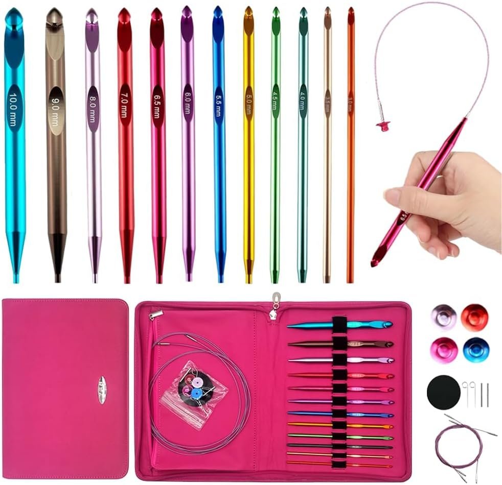 Yarniss Tunisian Crochet Hooks Set with Cable,Long Aluminum Crochet Hooks 3mm-10mm Interchangeable Crochet Needles with Cord