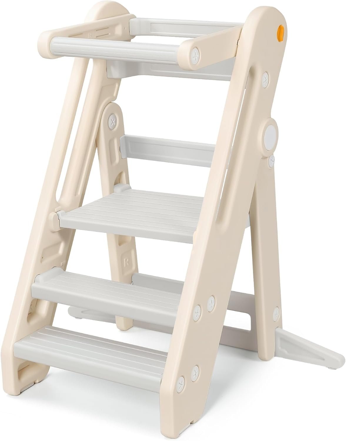 Onasti Toddler Tower Kitchen Stool Helper, Foldable & Adjustable Height Kids Learning Stool for Kitchen Counter Bathroom Sink, Child Ladder for Toddlers with Handles, Safty Rail, Non-Slip Pads-Grey