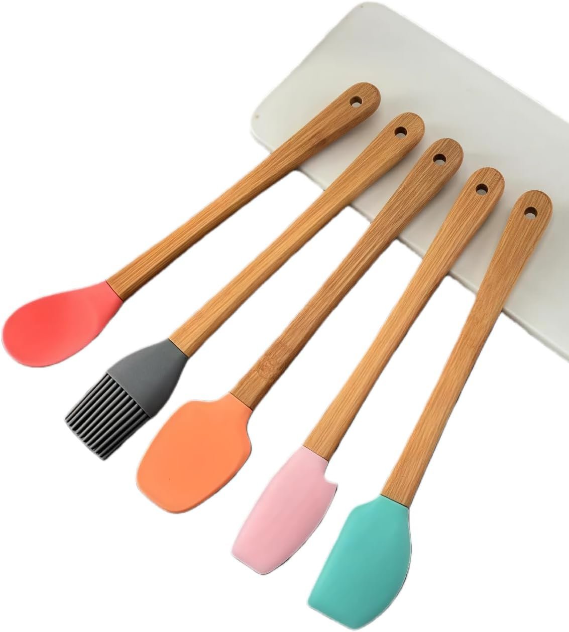 5 Piece Silicone Spatulas,Mini Rubber Spatula Bamboo Handle,Heat Resistant Silicone Set,Non-Stick Kitchen Utensils For Baking,Cooking and Stir(colorful)