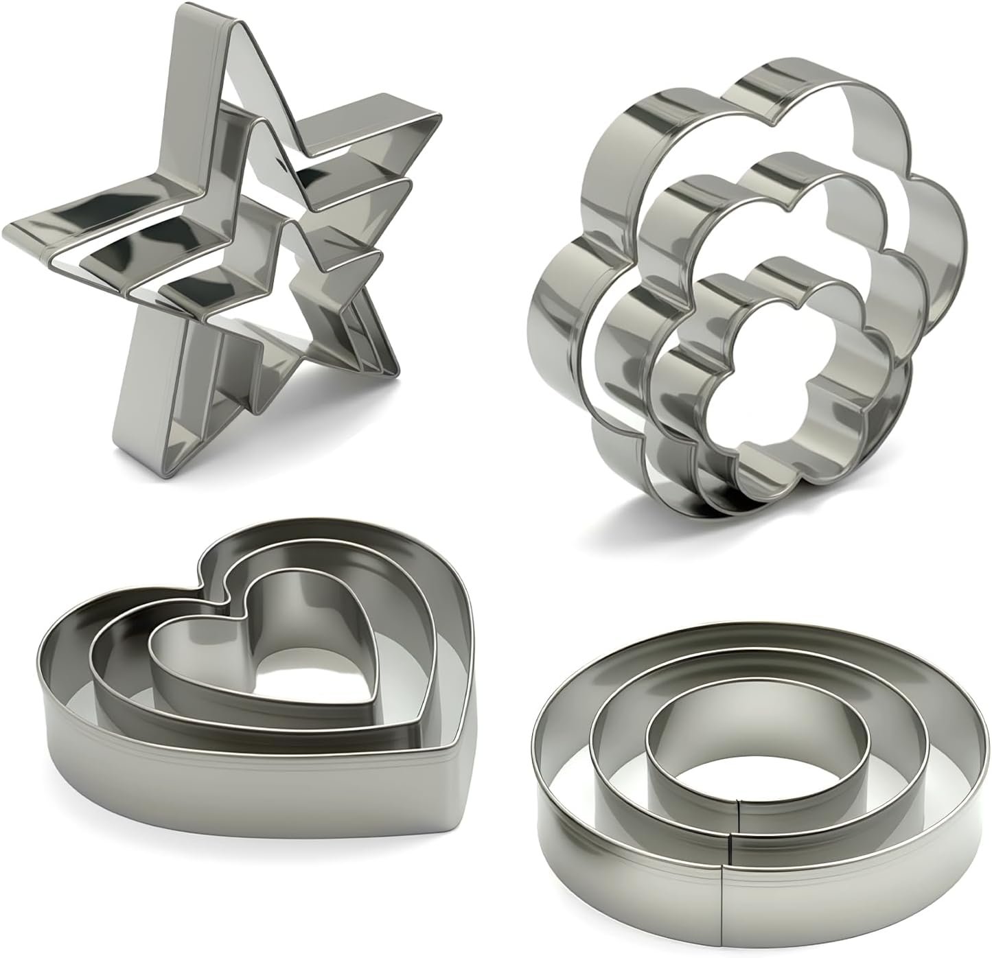 Stainless Steel Cookie Cutters Set 12Pcs – Heart, Flower, Round, Five Star Shapes – Small to Mini Size, Metal Biscuit Cutter Molds for Baking or Holiday Party Decorations