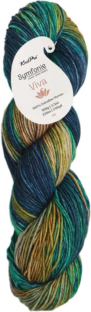 KnitPro Symfonie Hand Dyed DK Weight Yarn, 100% Extra Fine Merino Wool for Knitting & Crocheting, Oeko-TEX Certified, Superwash, Fade Resistant, 220m, 100g Skein, Viva Variegated Riverbank