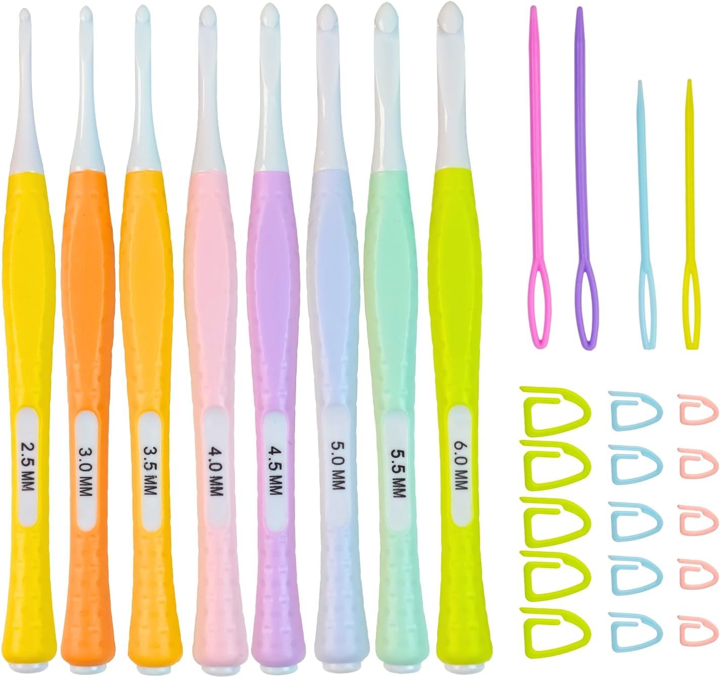 Araeknotta Small Crochet Hooks Set with Stitch Markers, Yarn Needles – 8 Sizes (2.5, 3mm, 3.5, 4mm, 4.5, 5mm, 5.5, 6mm) -Ergonomic Plastic Crochet Hook Needles for Arthritic Hands Mothers Gift