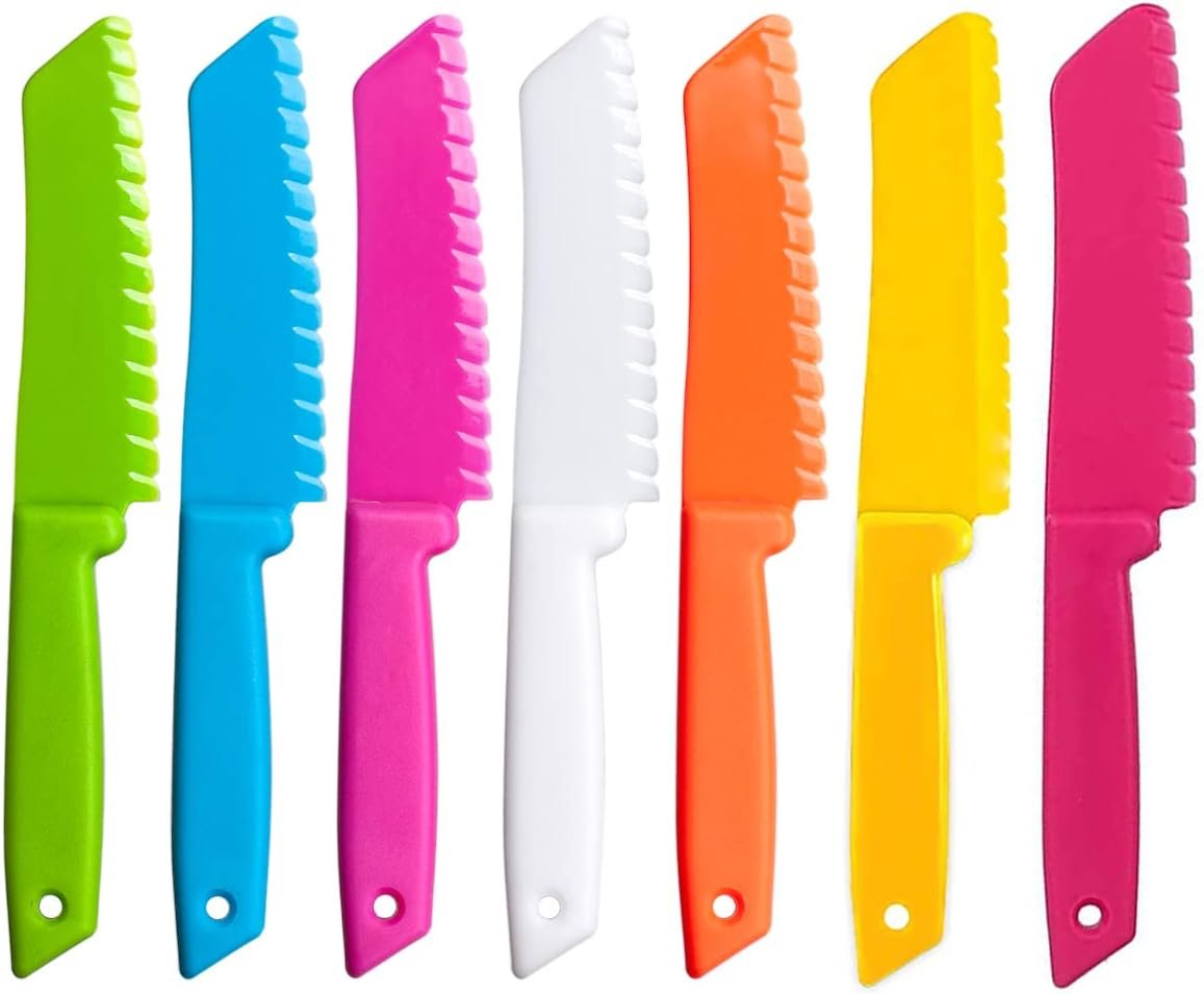 7 Pieces Plastic Kid Kitchen Knife Set, Reusable Nylon Chef Knife Children’s Safe Cooking Knives for Baking, Fruit, Bread, Cake, Lettuce Knife, Salad Knife