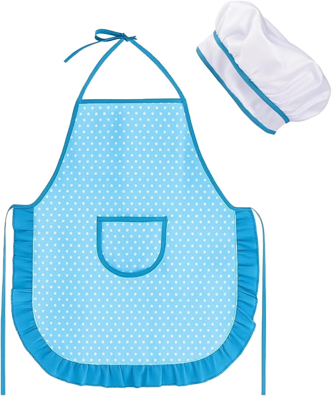 Kid Apron and Chef Hat Set, 2 Pcs Adjustable Unisex Cooking Costume for Boys & Girls, Pretend Play Kitchen Toys for Toddlers 3-8, Fun Educational Gift (Blue)