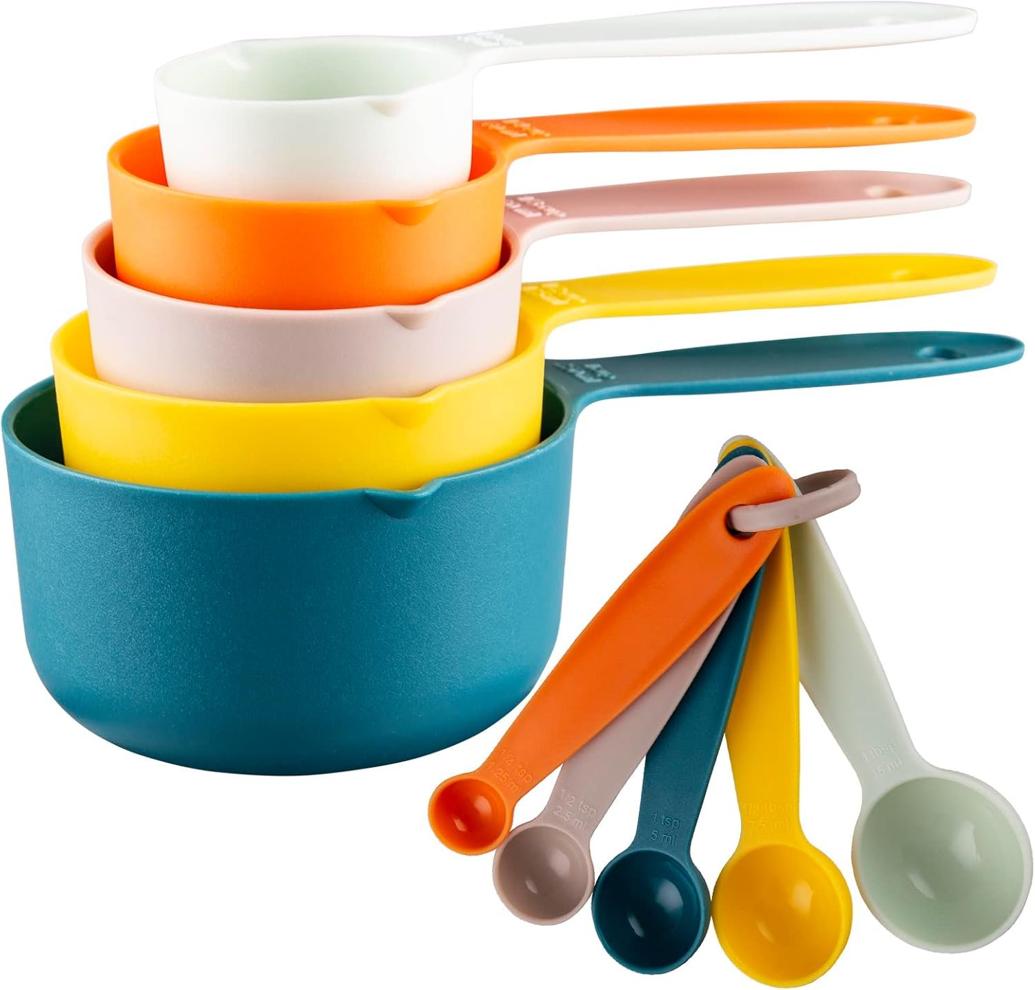 Plastic Measuring Cups and Spoons Set 10 for Baking & Kitchen, Engraved Metric & US Markings for Liquid & Dry Measuring, BPA Free, Colorful Measuring Cups & Spoons Set