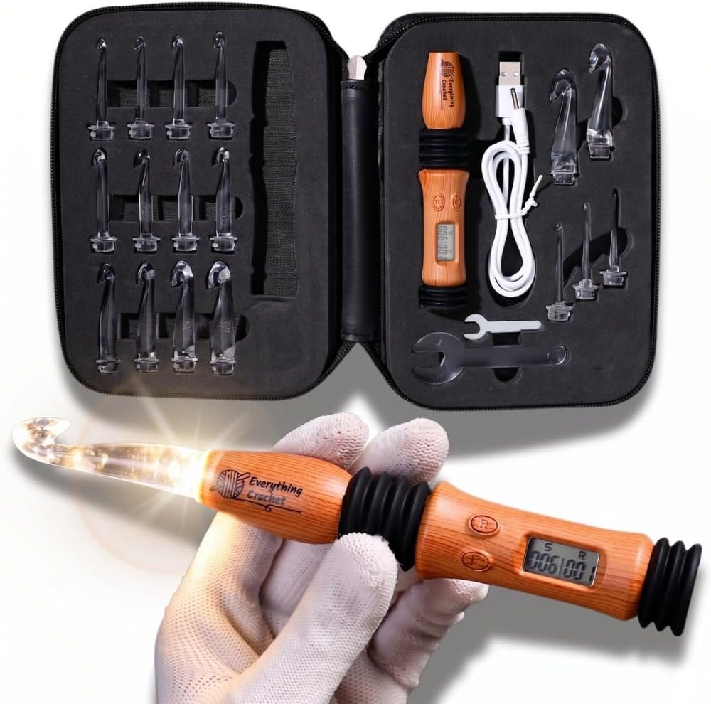 Everything Crochet Vintage Counting Crochet Hook Set with Light & Counter – Ergonomic for Arthritic Hands – Light up, Digital Stitch & Row Counter – 17 Size Interchangeable Hooks Kit – Cool Gift