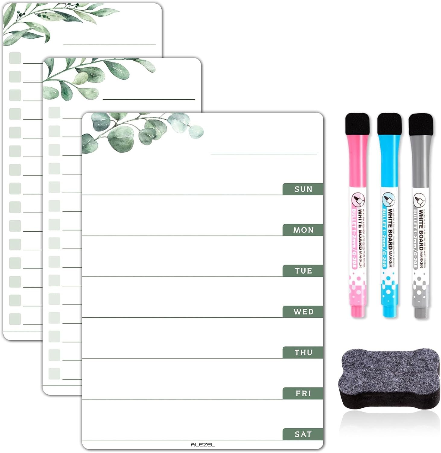 ALEZEL Weekly Calendar Whiteboard for Refrigerator, Magnetic Weekly Planner for Fridge – Set of Greenery Dry Erase Menu Board & 2 to Do List, 3 Markers + Eraser